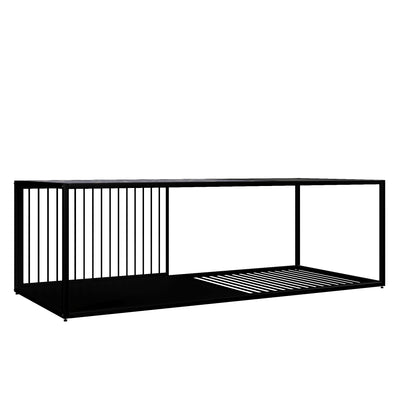 Table Basse Rectangulaire Noire avec Plateau en Verre Trempé Effet Marbre et Étagère Inférieure (110x48x35cm) MALLEAT