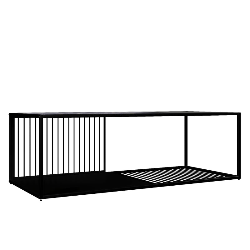 Table Basse Rectangulaire Noire avec Plateau en Verre Trempé Effet Marbre et Étagère Inférieure (110x48x35cm) MALLEAT