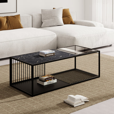 Table Basse Rectangulaire Noire avec Plateau en Verre Trempé Effet Marbre et Étagère Inférieure (110x48x35cm) MALLEAT