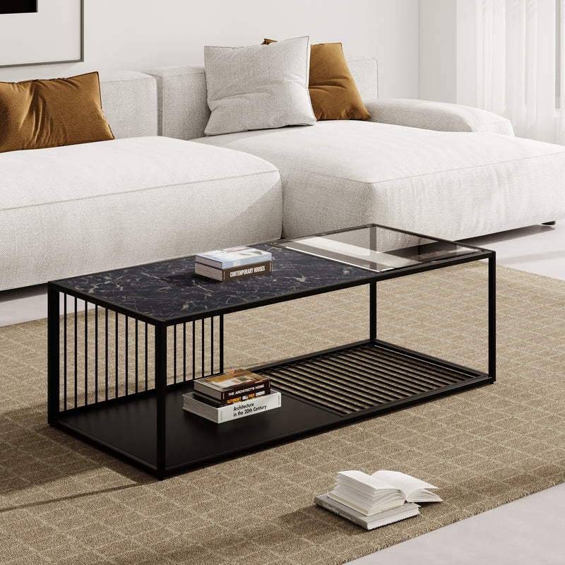 Table Basse Rectangulaire Noire avec Plateau en Verre Trempé Effet Marbre et Étagère Inférieure (110x48x35cm) MALLEAT