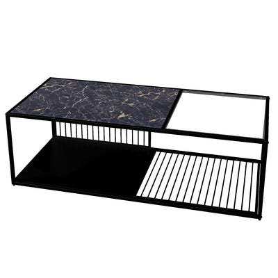 Table Basse Rectangulaire Noire avec Plateau en Verre Trempé Effet Marbre et Étagère Inférieure (110x48x35cm) MALLEAT