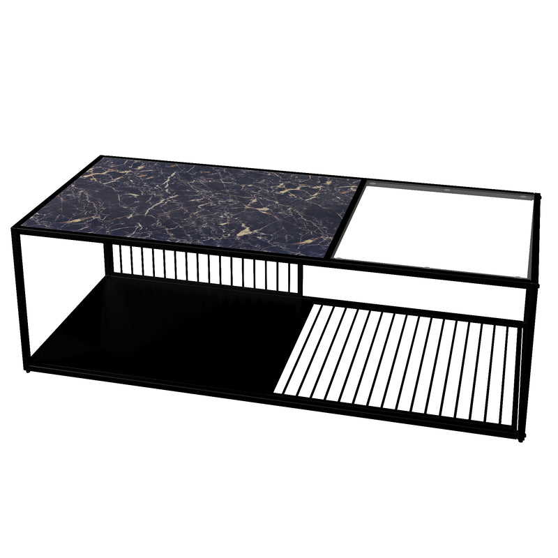 Table Basse Rectangulaire Noire avec Plateau en Verre Trempé Effet Marbre et Étagère Inférieure (110x48x35cm) MALLEAT