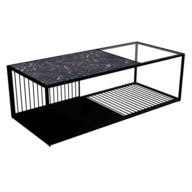 Table Basse Rectangulaire Noire avec Plateau en Verre Trempé Effet Marbre et Étagère Inférieure (110x48x35cm) MALLEAT