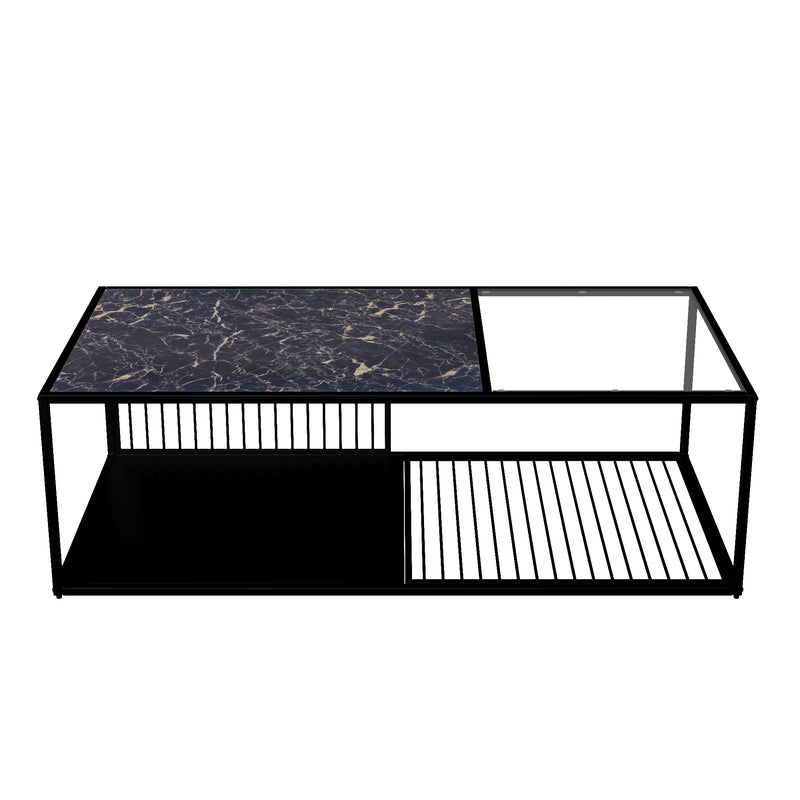 Table Basse Rectangulaire Noire avec Plateau en Verre Trempé Effet Marbre et Étagère Inférieure (110x48x35cm) MALLEAT