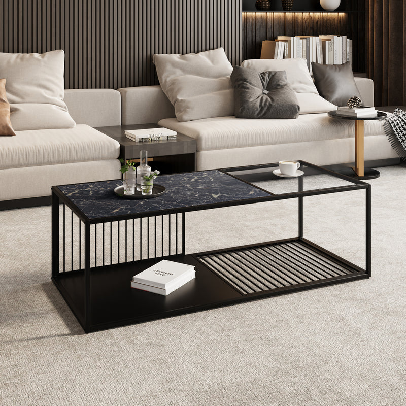 Table Basse Rectangulaire Noire avec Plateau en Verre Trempé Effet Marbre et Étagère Inférieure (110x48x35cm) MALLEAT