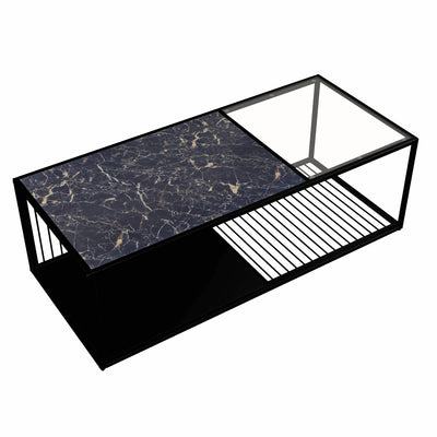 Table Basse Rectangulaire Noire avec Plateau en Verre Trempé Effet Marbre et Étagère Inférieure (110x48x35cm) MALLEAT