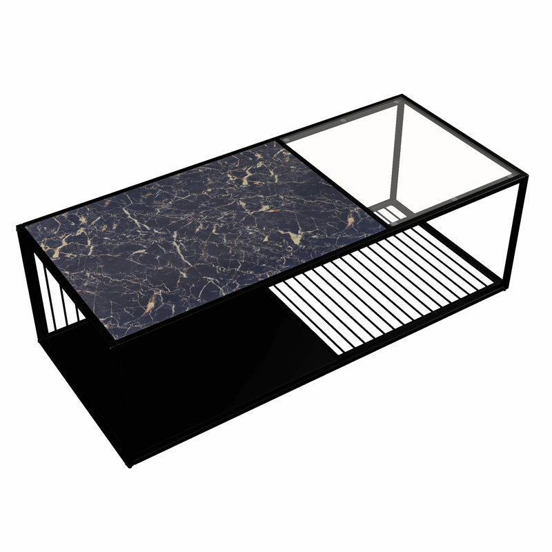 Table Basse Rectangulaire Noire avec Plateau en Verre Trempé Effet Marbre et Étagère Inférieure (110x48x35cm) MALLEAT