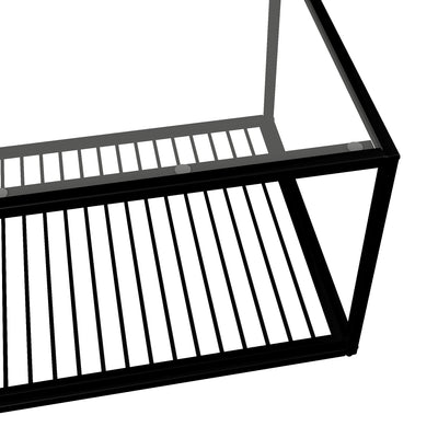 Table Basse Rectangulaire Noire avec Plateau en Verre Trempé Effet Marbre et Étagère Inférieure (110x48x35cm) MALLEAT