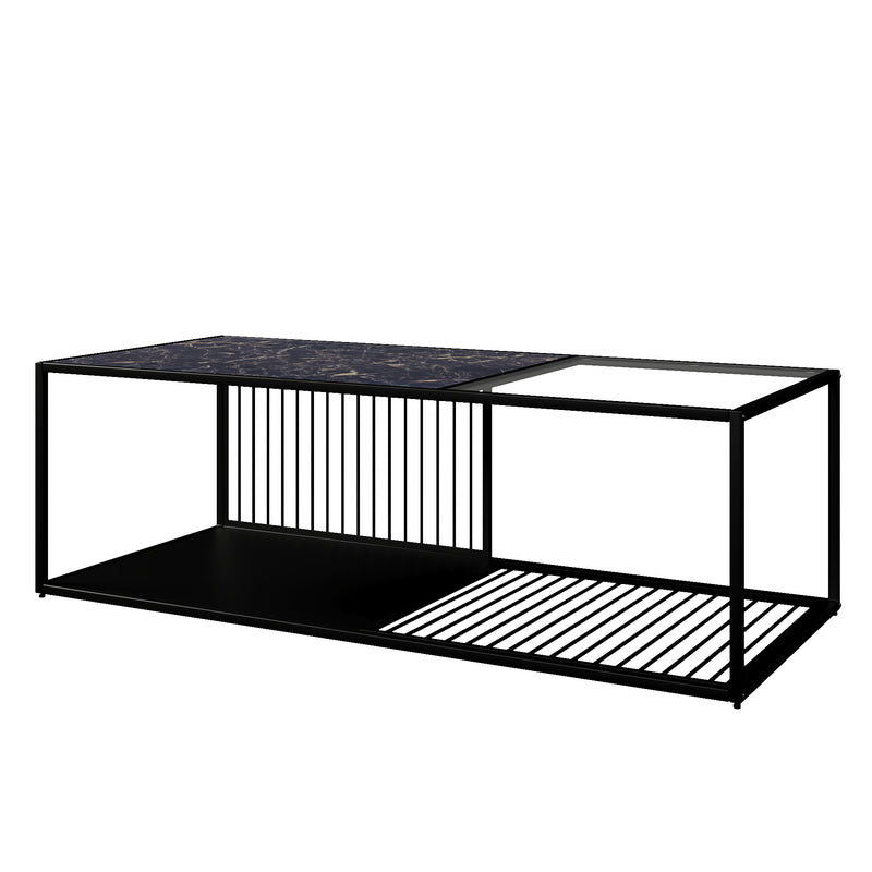 Table Basse Rectangulaire Noire avec Plateau en Verre Trempé Effet Marbre et Étagère Inférieure (110x48x35cm) MALLEAT