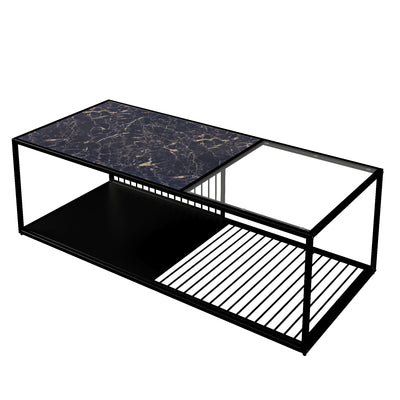 Table Basse Rectangulaire Noire avec Plateau en Verre Trempé Effet Marbre et Étagère Inférieure (110x48x35cm) MALLEAT