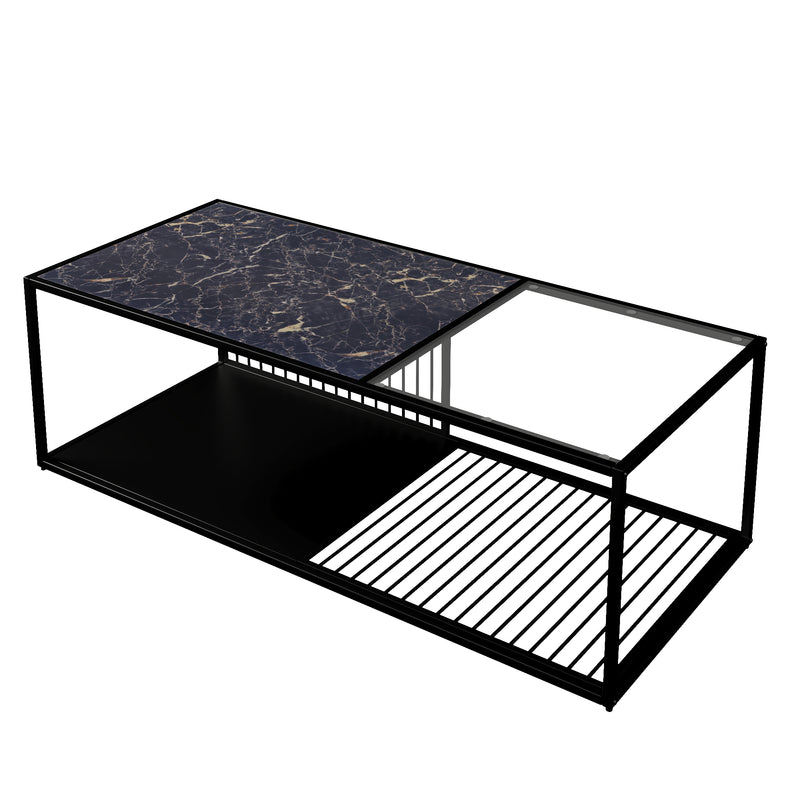 Table Basse Rectangulaire Noire avec Plateau en Verre Trempé Effet Marbre et Étagère Inférieure (110x48x35cm) MALLEAT