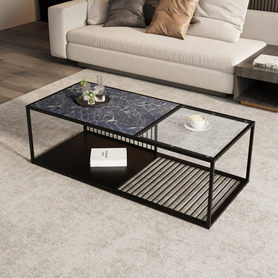 Table Basse Rectangulaire Noire avec Plateau en Verre Trempé Effet Marbre et Étagère Inférieure (110x48x35cm) MALLEAT