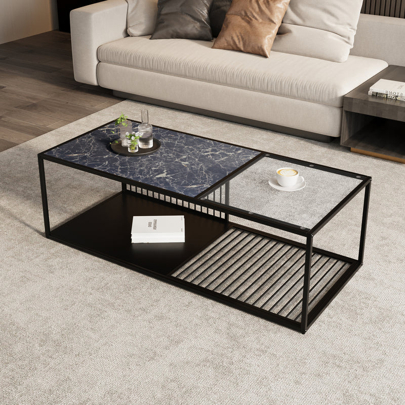 Table Basse Rectangulaire Noire avec Plateau en Verre Trempé Effet Marbre et Étagère Inférieure (110x48x35cm) MALLEAT