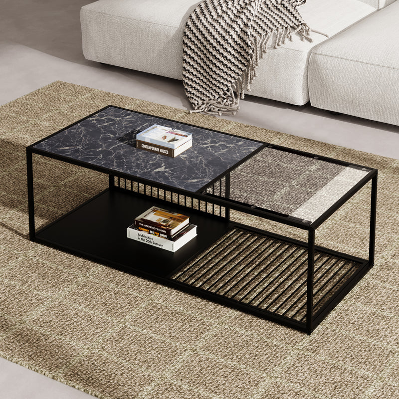 Table Basse Rectangulaire Noire avec Plateau en Verre Trempé Effet Marbre et Étagère Inférieure (110x48x35cm) MALLEAT