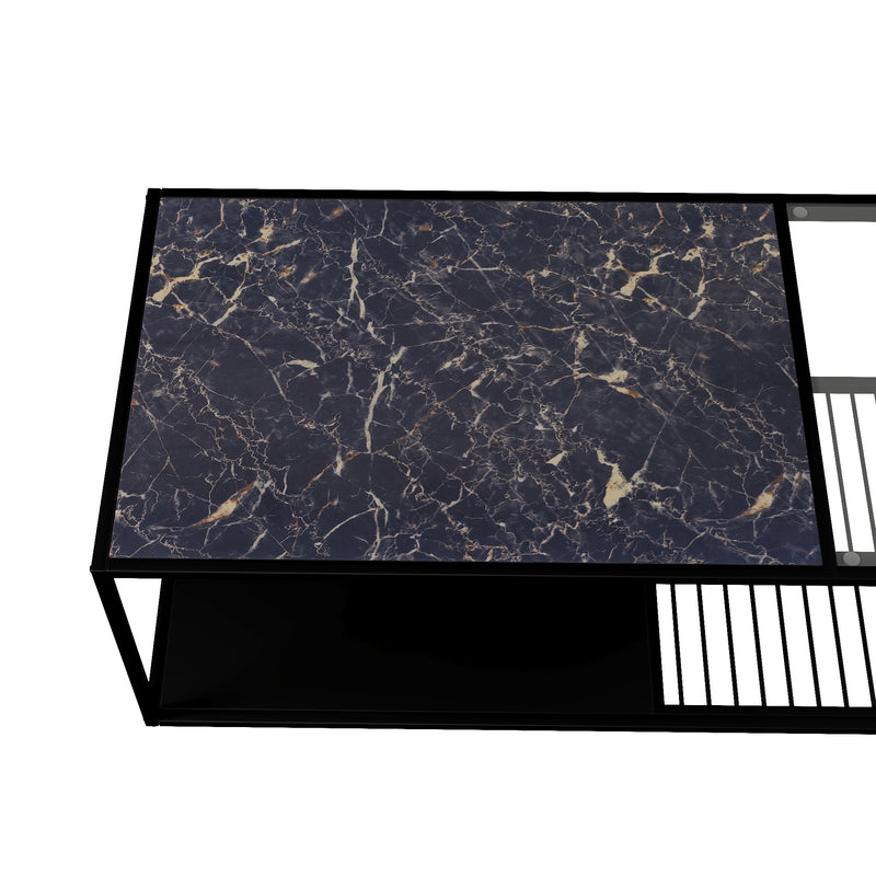 Table Basse Rectangulaire Noire avec Plateau en Verre Trempé Effet Marbre et Étagère Inférieure (110x48x35cm) MALLEAT