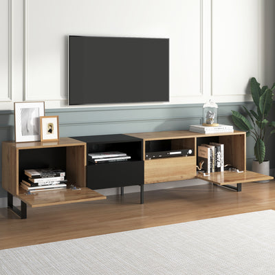 Meuble TV Moderne avec Rangement Intégré - Effet Bois Naturel et Noir MODAI