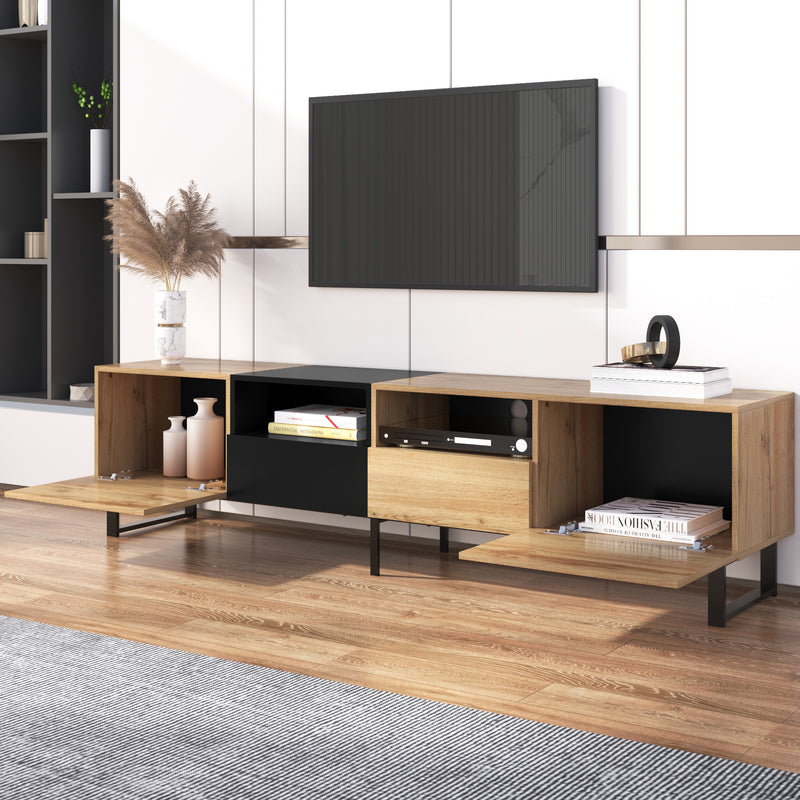 Meuble TV Moderne avec Rangement Intégré - Effet Bois Naturel et Noir MODAI