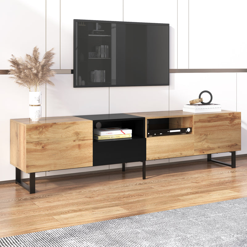 Meuble TV Moderne avec Rangement Intégré - Effet Bois Naturel et Noir MODAI