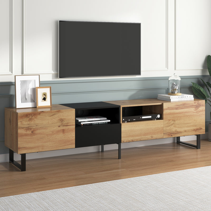 Meuble TV Moderne avec Rangement Intégré - Effet Bois Naturel et Noir MODAI