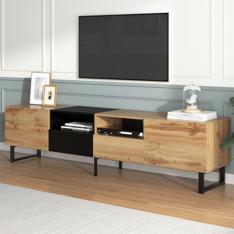 Meuble TV Moderne avec Rangement Intégré - Effet Bois Naturel et Noir MODAI