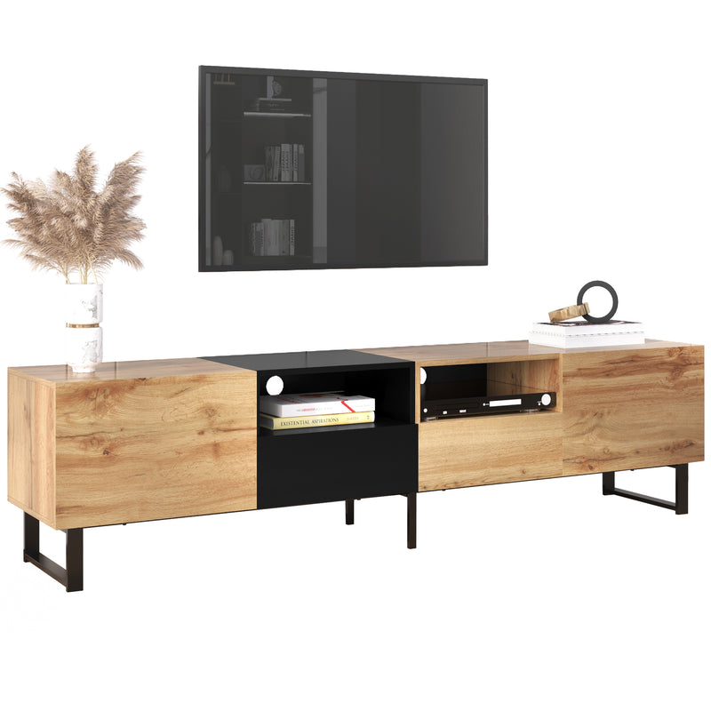 Meuble TV Moderne avec Rangement Intégré - Effet Bois Naturel et Noir MODAI