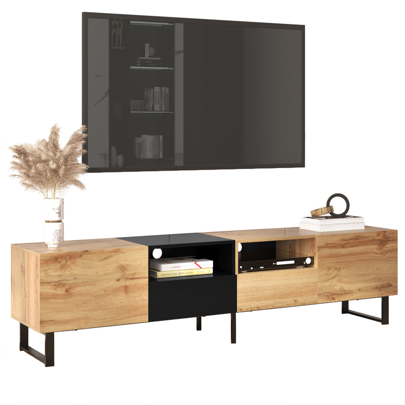 Meuble TV Moderne avec Rangement Intégré - Effet Bois Naturel et Noir MODAI