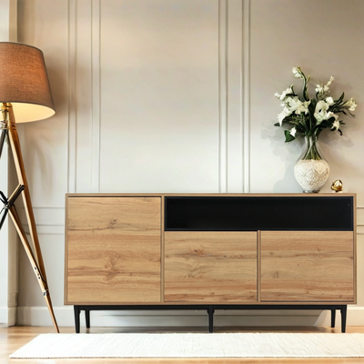 Buffet / Armoire de Rangement Moderne en Bois Naturel avec 3 Portes, Étagères Réglables et Finition Noire (160x35x76cm) OMHAT