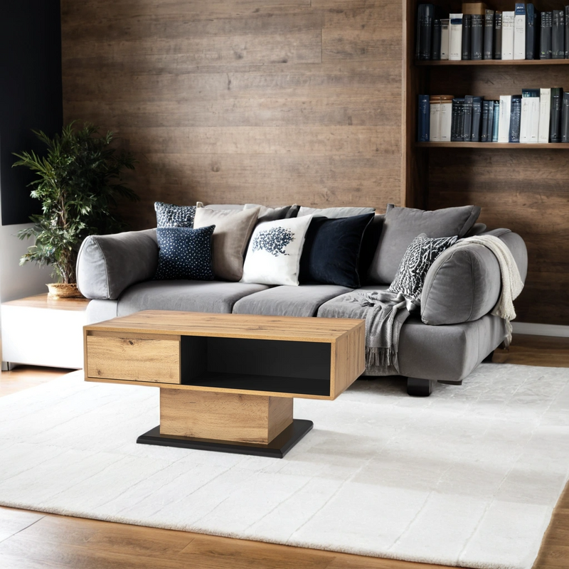 Table Basse Moderne avec Rangement - Effet Chêne Naturel et Anthracite EINPHATH