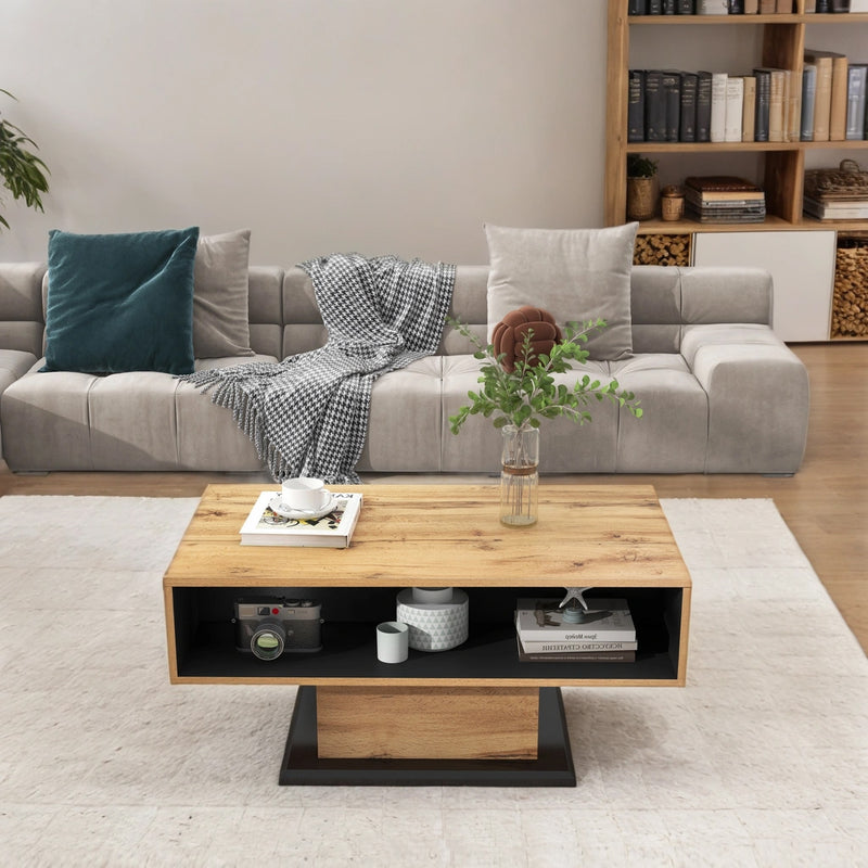 Table Basse Moderne avec Rangement - Effet Chêne Naturel et Anthracite EINPHATH