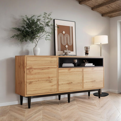 Buffet / Armoire de Rangement Moderne en Bois Naturel avec 3 Portes, Étagères Réglables et Finition Noire (160x35x76cm) OMHAT
