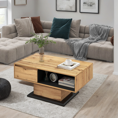 Table Basse Moderne avec Rangement - Effet Chêne Naturel et Anthracite EINPHATH