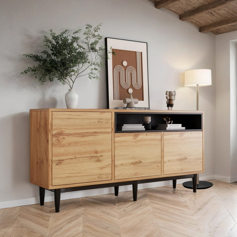Buffet / Armoire de Rangement Moderne en Bois Naturel avec 3 Portes, Étagères Réglables et Finition Noire (160x35x76cm) OMHAT