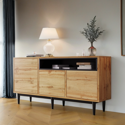 Buffet / Armoire de Rangement Moderne en Bois Naturel avec 3 Portes, Étagères Réglables et Finition Noire (160x35x76cm) OMHAT