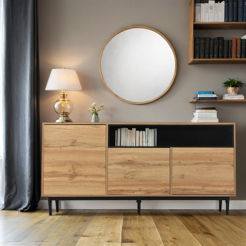 Buffet / Armoire de Rangement Moderne en Bois Naturel avec 3 Portes, Étagères Réglables et Finition Noire (160x35x76cm) OMHAT