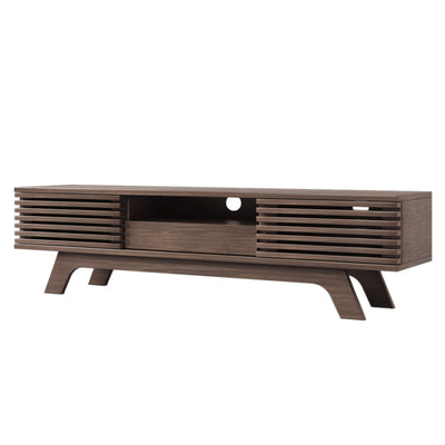 Meuble TV Bois Naturel Style Vintage avec Portes à Lattes, Tiroir et Rangement Ouvert (150x35x44cm) MUQAK