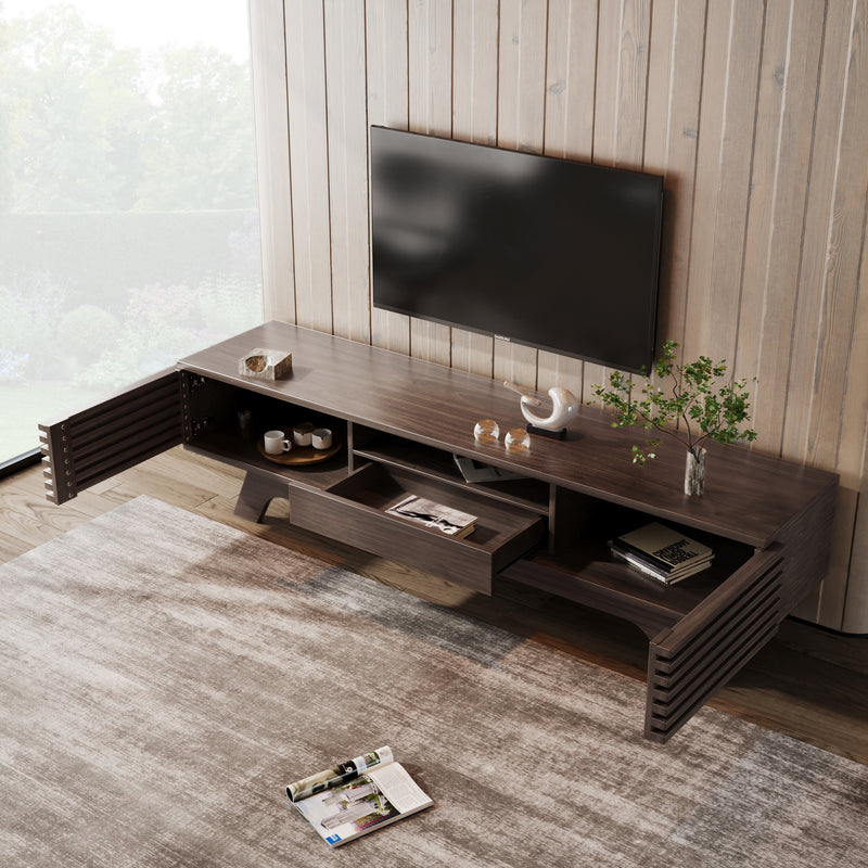 Meuble TV Bois Naturel Style Vintage avec Portes à Lattes, Tiroir et Rangement Ouvert (150x35x44cm) MUQAK