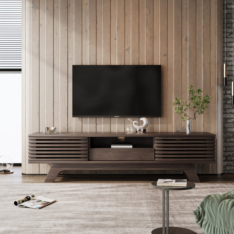 Meuble TV Bois Naturel Style Vintage avec Portes à Lattes, Tiroir et Rangement Ouvert (150x35x44cm) MUQAK