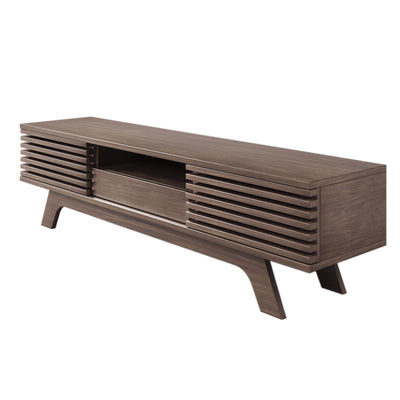 Meuble TV Bois Naturel Style Vintage avec Portes à Lattes, Tiroir et Rangement Ouvert (150x35x44cm) MUQAK