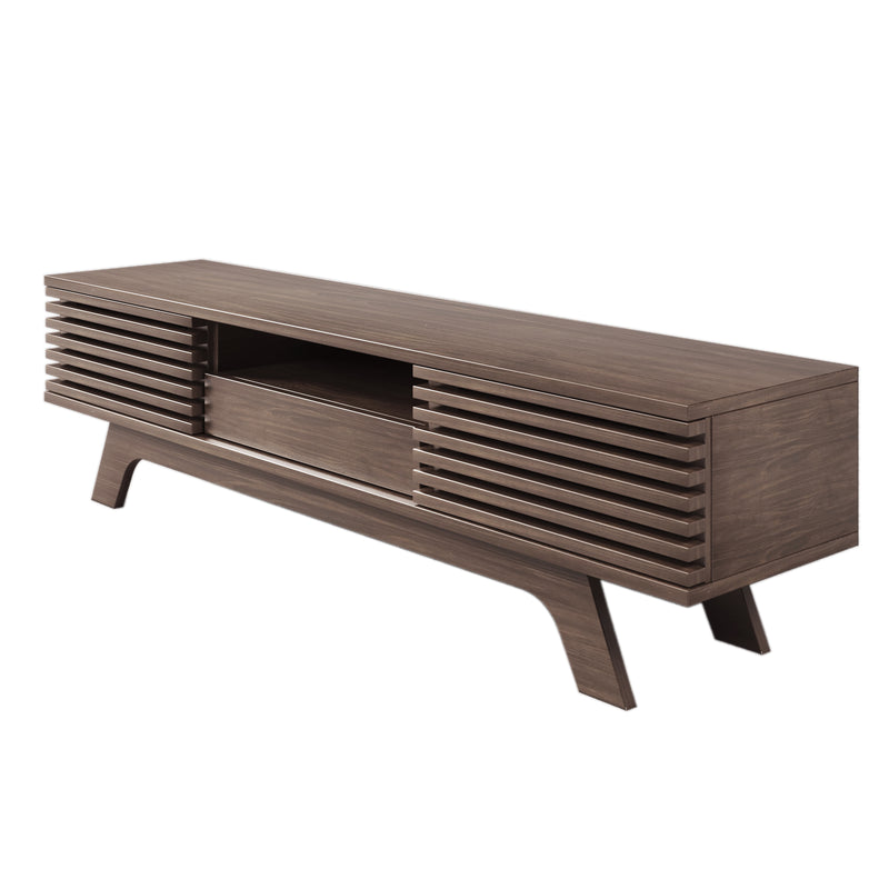 Meuble TV Bois Naturel Style Vintage avec Portes à Lattes, Tiroir et Rangement Ouvert (150x35x44cm) MUQAK