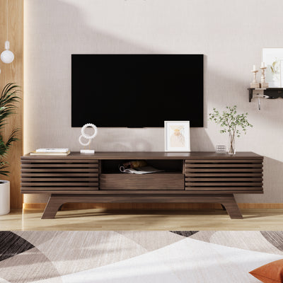 Meuble TV Bois Naturel Style Vintage avec Portes à Lattes, Tiroir et Rangement Ouvert (150x35x44cm) MUQAK