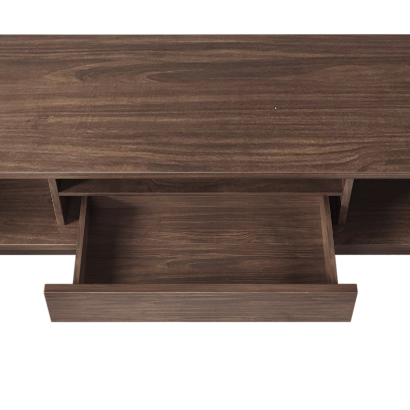 Meuble TV Bois Naturel Style Vintage avec Portes à Lattes, Tiroir et Rangement Ouvert (150x35x44cm) MUQAK