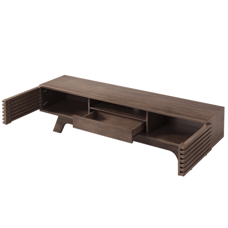 Meuble TV Bois Naturel Style Vintage avec Portes à Lattes, Tiroir et Rangement Ouvert (150x35x44cm) MUQAK