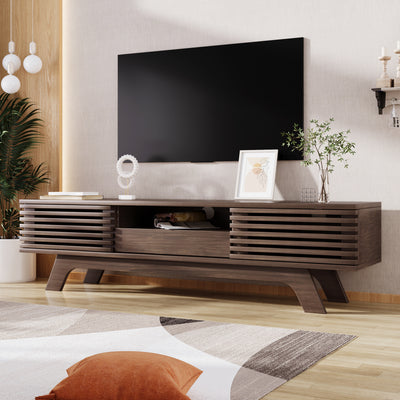 Meuble TV Bois Naturel Style Vintage avec Portes à Lattes, Tiroir et Rangement Ouvert (150x35x44cm) MUQAK