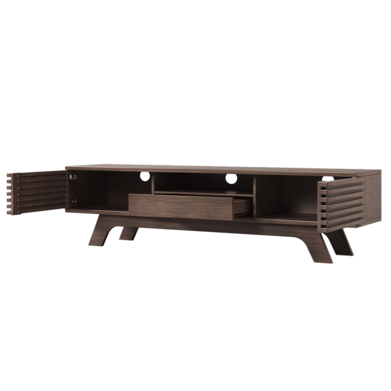 Meuble TV Bois Naturel Style Vintage avec Portes à Lattes, Tiroir et Rangement Ouvert (150x35x44cm) MUQAK