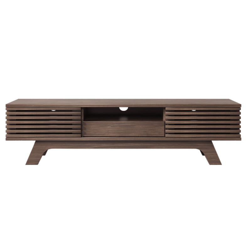 Meuble TV Bois Naturel Style Vintage avec Portes à Lattes, Tiroir et Rangement Ouvert (150x35x44cm) MUQAK