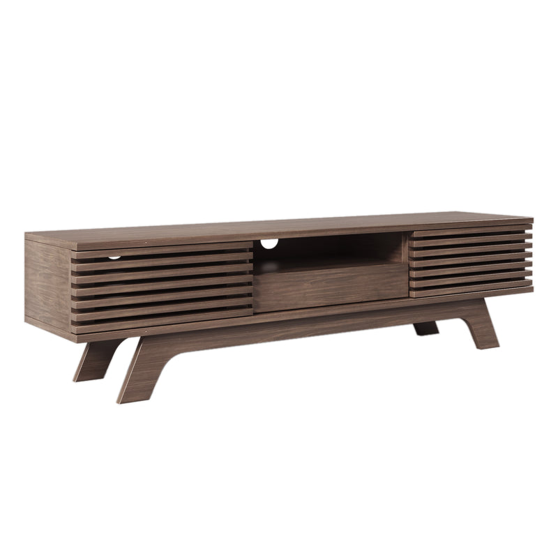 Meuble TV Bois Naturel Style Vintage avec Portes à Lattes, Tiroir et Rangement Ouvert (150x35x44cm) MUQAK
