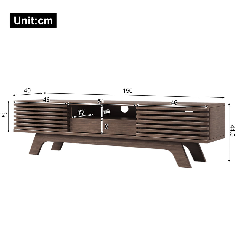 Meuble TV Bois Naturel Style Vintage avec Portes à Lattes, Tiroir et Rangement Ouvert (150x35x44cm) MUQAK