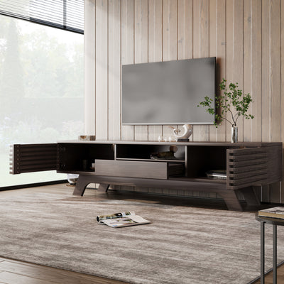 Meuble TV Bois Naturel Style Vintage avec Portes à Lattes, Tiroir et Rangement Ouvert (150x35x44cm) MUQAK