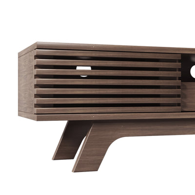 Meuble TV Bois Naturel Style Vintage avec Portes à Lattes, Tiroir et Rangement Ouvert (150x35x44cm) MUQAK