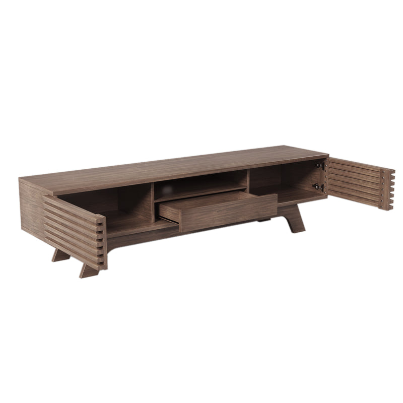 Meuble TV Bois Naturel Style Vintage avec Portes à Lattes, Tiroir et Rangement Ouvert (150x35x44cm) MUQAK